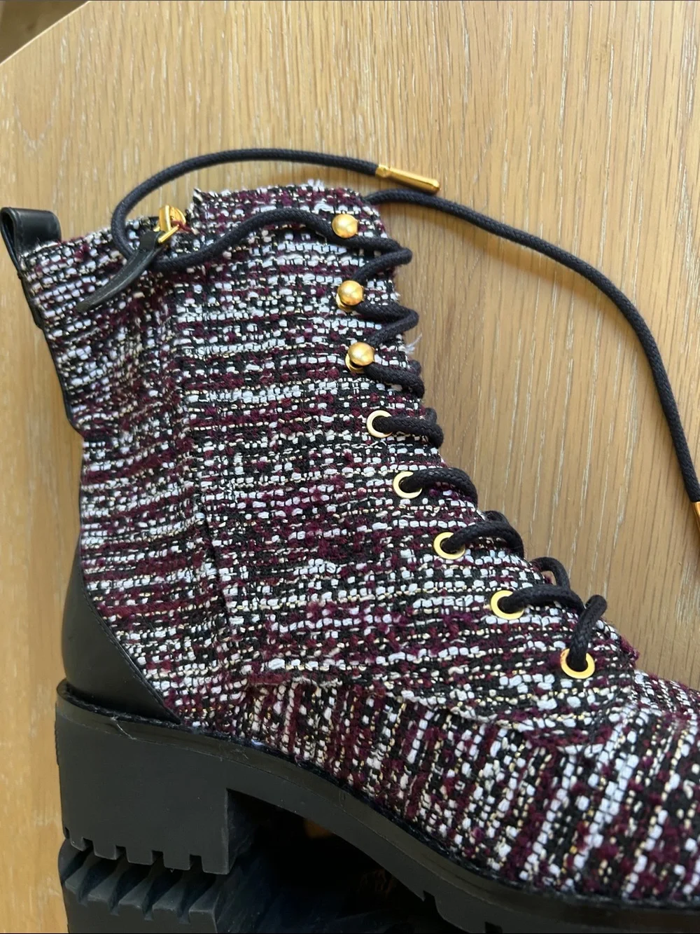 Tory Burch Miller Combat Tweed & Leather Lace Up Booties Burgundy/White 7.5 NWOT